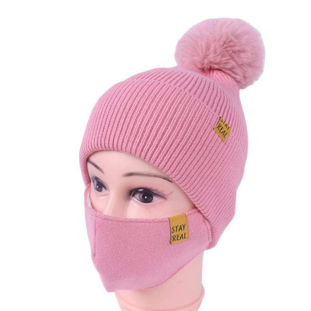 Women's Pink Knit Hat With Pom Pom & Matching Mask - Picture 12 of 13